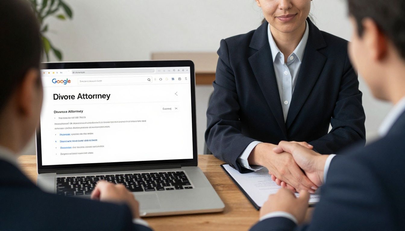 Laptop showing Google search results for divorce attorney representing PPC advertising effectiveness for law firms in 2026