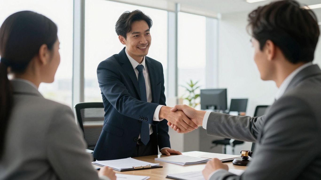 Divorce Attorney Meeting Client – Marketing Strategies 2026 Divorce attorney shaking hands with client during consultation - divorce attorney marketing strategies effectiveness 2026