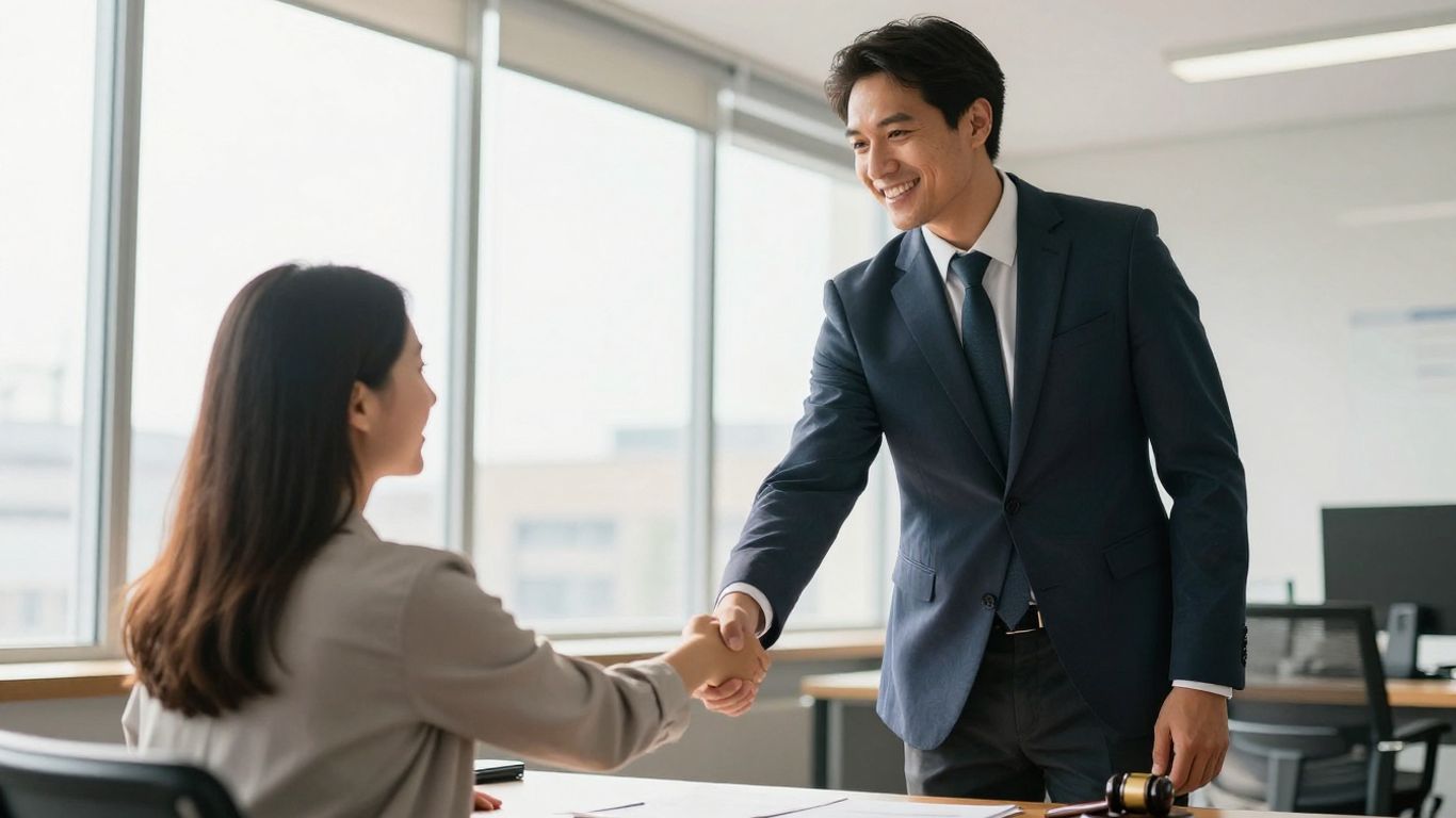 Divorce lawyer shaking hands with a new client in a law office representing trust built through content marketing