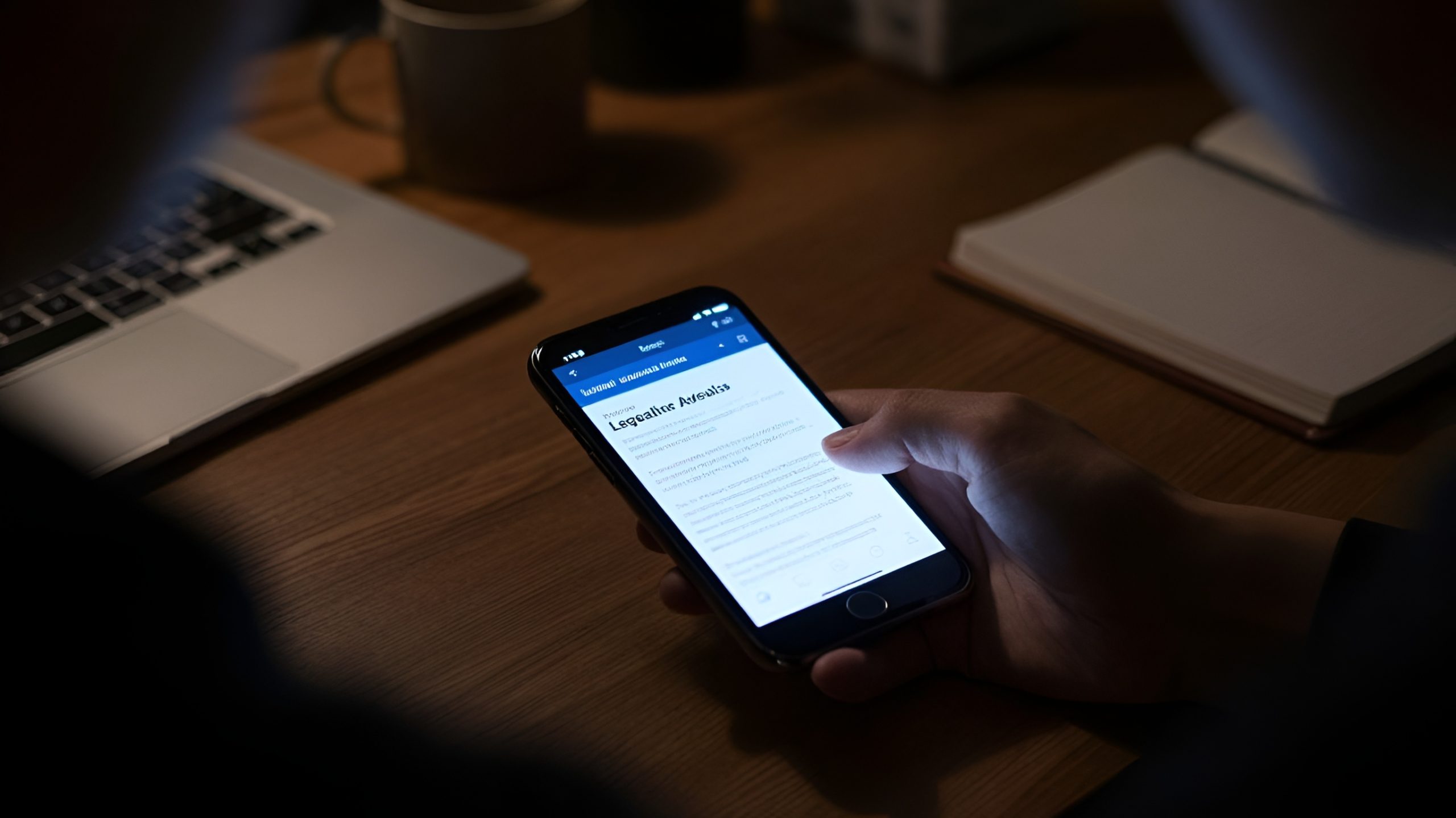A person reads legal search results on a smartphone at a desk, reflecting how prospective clients research divorce lawyers using keyword-driven searches.